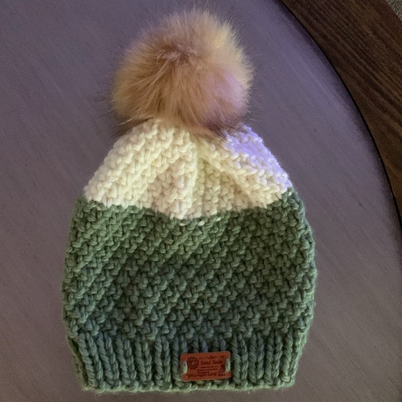 Handmade Hat I made it for you Green and Cream Knitted Beanie New - Picture 3 of 4